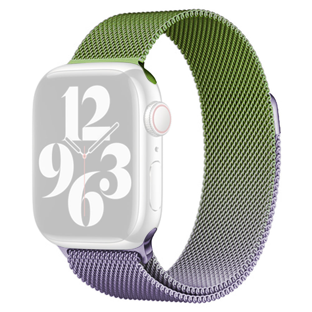 For Apple Watch Ultra / Ultra 2 49mm / 9 8 7 45mm / 6 5 4 SE (2022) SE (2023) SE 44mm / 3 2 1 42mm Milanese Mesh Watchband - Purple+Green For Apple Watch Ultra / Ultra 2 49mm / 9 8 7 45mm / 6 5 4 SE (2022) SE (2023) SE 44mm / 3 2 1 42mm Milanese Mesh Watchband - Purple+Green